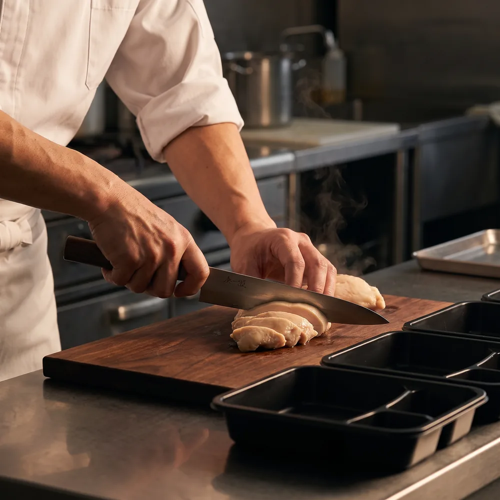 厨房で鶏むね肉を切り分ける調理師の手元